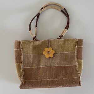 April Cornell Vintage Straw Bag Flower Double Handle Flaw